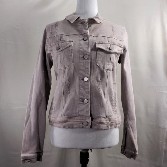 NWOT Dear John Beige Denim w Factory Distress & 4 Pockets Trucker Jean Jacket S - Picture 5 of 14